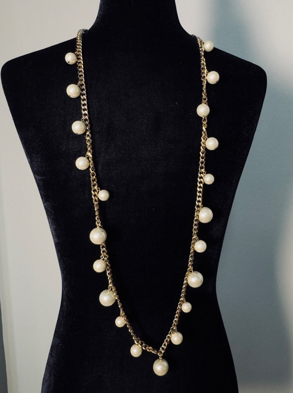 Vintage GIVENCHY Gold Tone Chain Faux Pearl Necklace 42” Long Versatile